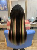 プレミア編込エクステ★グリーン色&淡いピンク華やかロング♪