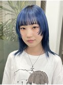 顔まわりカット姫カットハイトーンディープブルーネイビーカラー