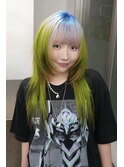 シャギーウルフカットハイトーンネオングリーンブルーデザイン