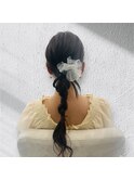 ゆる編み込みローポニー×シアーリボンアレンジヘア