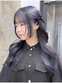 ネイビーカラーローライト韓国風巻きフェミニンロング