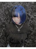 ブルー×ブラック×クロスデザイン／デザインカラー／派手髪