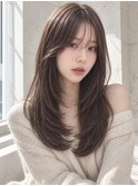 オリーブブラウン小顔顔周りレイヤーカットロングヘア銀座