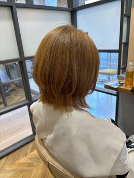 ヘア ルーナ バイ アプリーレ(hair lune by Aprire) 立体感ハイライトダブルカラーオレンジベージュ外ハネくびれボブ