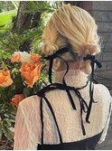 編み込みツイン　ベロアリボンアレンジ　お団子　お呼ばれ