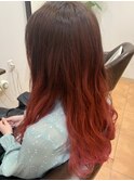 バレイヤージュ×毛先レッド