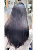 小顔薄めバンググレージュレイヤーロング前髪パーマ黒髪