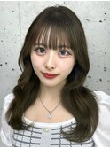 美髪カールオリーブベージュ韓国ヘアロングセミディ似合わせ前髪