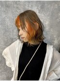 デザインインナーオレンジ　ウルフカットインナーカラーレイヤー