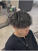 メンズパーマホワイトメッシュ縦落ちツイスパマッシュ