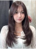 韓国ヘアロングレイヤーカット顔周りカットグレージュ前髪原宿
