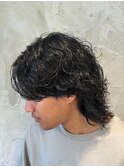 メンズセンターパートウルフ波巻きサーフカールパーマ
