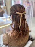 結婚式 二次会 お呼ばれ 編み込みハーフアップ×ベロアリボン