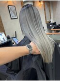 バレイヤージュ、ハイライト、レイヤーロング、グレーベージュ
