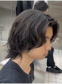 渋谷メンズミディアムメンズボブウルフ毛流れスパイラルパーマ