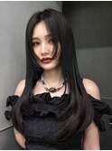 ロング顔周りレイヤー暗めカラー韓国ヘア_ba561531
