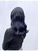波ウェーブ　ブリーチなし　青髪