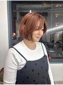 切りっぱなしボブ/オレンジブラウン/暖色カラー/ミニボブ/韓国