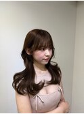 前髪ありくびれヘア夏アプリコットオレンジハイライトカラー