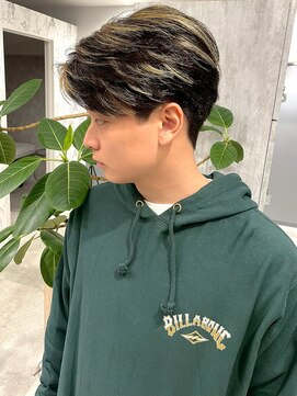 メンズハイライト センターパート マッシュ 艶感 メンズショート