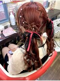 (^-^)可愛い『両サイド編み込みツインテールお花付きアップ♪』