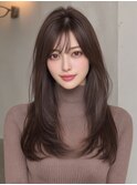 韓国ヘアロング顔周りレイヤーココアベージュ_m0001