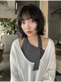 ハッシュボブレイヤーボブ韓国顔周りレイヤーヘーゼルベージュ