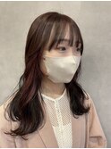 暗髪ブラウン+ピンクブラウンイヤリングカラー ウェーブロング