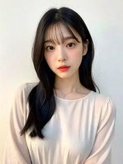 黒髪 韓国風ゆる巻きヘア 前髪あり 大人可愛い セミロングヘア