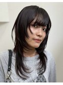 レイヤーカット/黒髪ロングレイヤー/ダークグレージュカラー