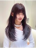 顔周りレイヤーカット小顔ロング/ブリーチなし透明感カラー/博多
