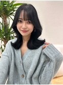 小顔薄めバンググレージュレイヤーロング前髪パーマ黒髪