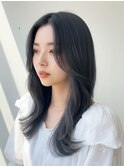 透明感夏カラーダークブルーくびれレイヤーアップバング髪質改善