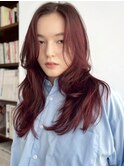 ロングウルフカット/フェイスレイヤー/ボルドーカラー