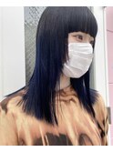 韓国風ヘア　ブルーブラック　グラデーションカラー