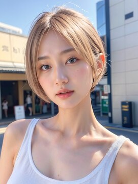 ムウ 難波(MOU) ハイトーンカラーショートボブルフネビージュ小顔20代30代40代