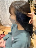 インナーカラー　イヤリングカラー　ネイビー　ゆるふわロング