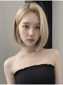 ボブ　ベージュ　韓国　レイヤー　センター分け　ダブルカラー　