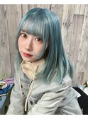 水色×姫カット インナーカラー/ハイライト/縮毛矯正/前髪カット