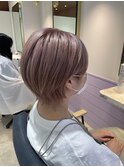 丸みショートボブブリーチオンカラーピンクベージュ