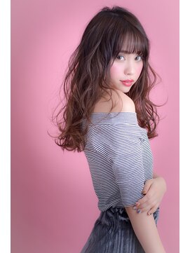 エルデ ナインズ ヘアー スタンド 川口店(elde 9's HAIR STAND) 84モーブカラー&セミウェットなワイドバングなくびれミディ 川口