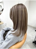白髪活かしハイライトベージュエアリーロング_ピンクブラウン