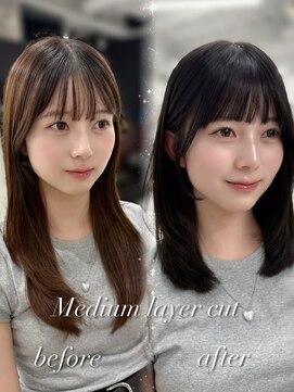 ミニヨン バイ ハピネス 高の原店(mignon by Happiness) ミディアムレイヤー/レイヤーカット/ブリーチなし/グレージュ