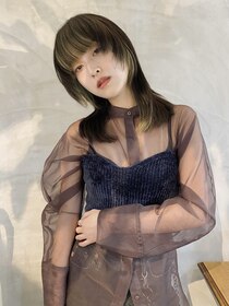 ヒュージ 三軒茶屋(huge) レイヤーミディアム_かきあげヘア_伸ばしかけ前髪_モードヘア