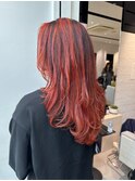 ハイライト　赤系　バレイヤージュ　ロングレイヤー