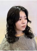ダークブルーデジタルパーマワンホンレイヤーニュアンスウルフ