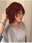 顔まわりレイヤーカットレイヤーボブ暖色カラーチェリーレッド赤