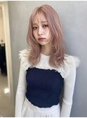 セミロング　シースルーバング　顔周りカット　ピンクベージュ
