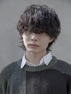 シティ(CITY) フェザーパーマブルーブラック波巻きパーマメンズマッシュウルフ