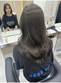 前髪ありくびれヘア夏アプリコットオレンジハイライトカラー